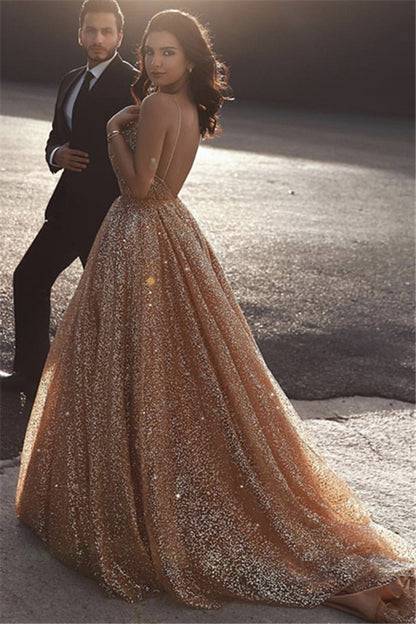 Gold Sequins Long Prom Dress PD028