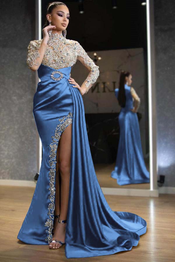 edgynewlook Royal Blue Long Sleeves Split Beadings Mermaid Prom Dress With Ruffles