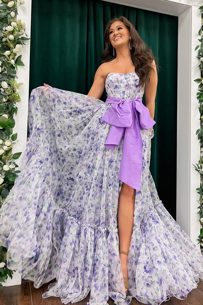 Chic Floral Printed Chiffon Strapless Long Prom Dresses with Slit