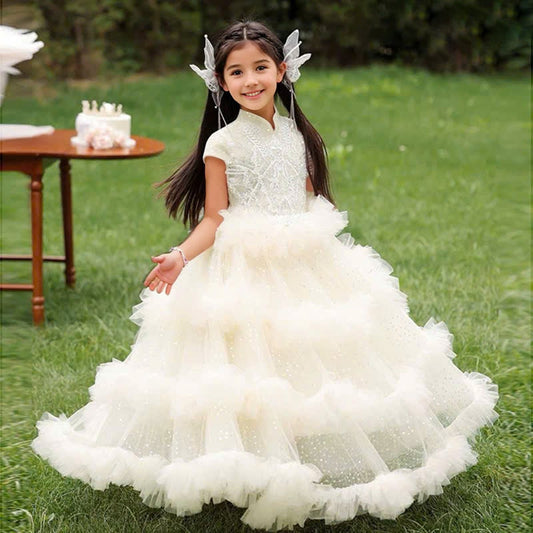 High Neck Ball Gown Short Sleeves Ruffles Girl Party Dress with  Rhinestones