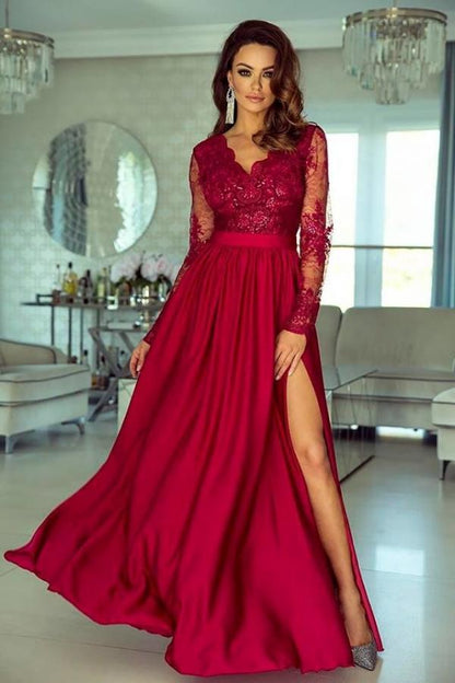 Long Sleeve V-Neck Lace Prom Dress With Slit PD0186