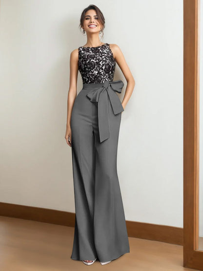 2 Piece Satin Sleeveless Floor Length Mother of the Bride Pantsuits with Lace Appliques & Bow