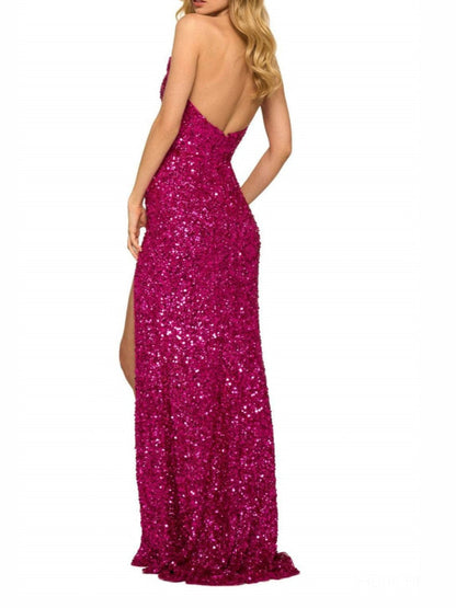 A-Line/Princess V-Neck Floor-Length Evening Dress with High Slit