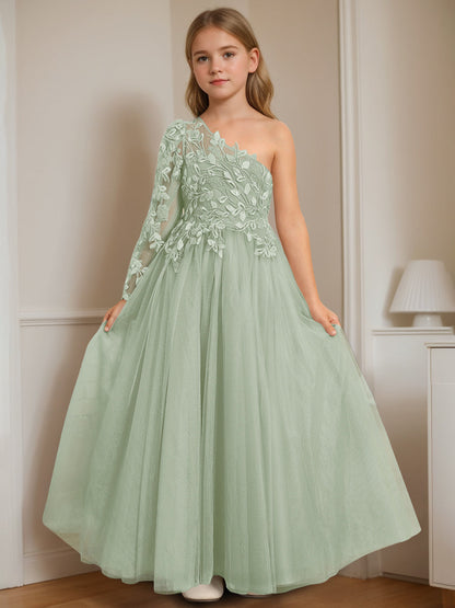 A-Line/Princess One-Shoulder Floor-Length Flower Girl Dress with Appliques