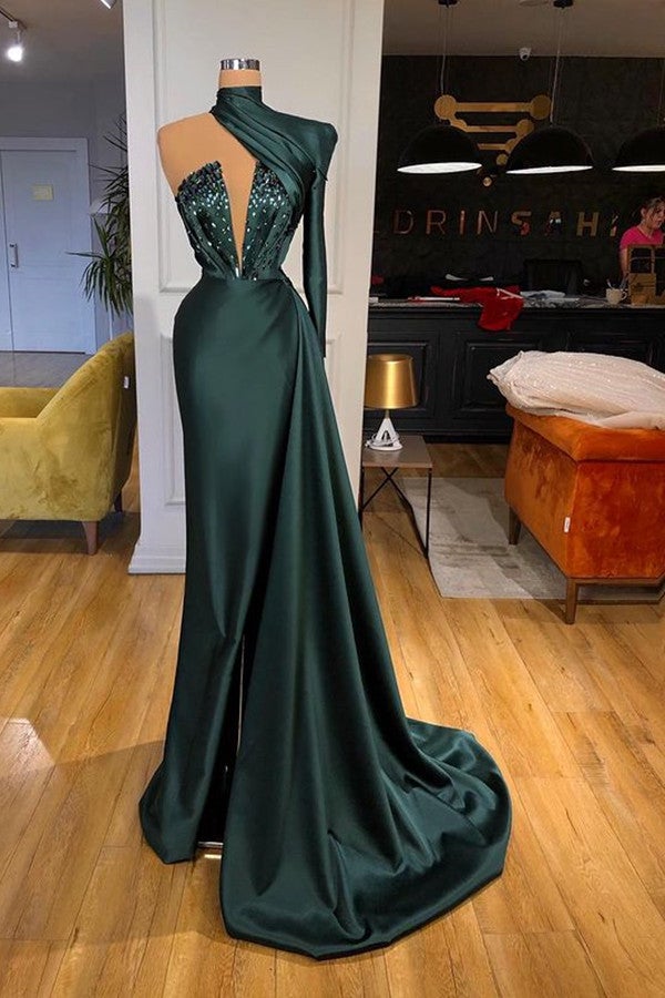 edgynewlook One Shoulder Long Prom Dress Dark Green With Sequins