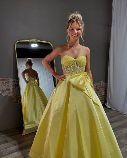 Yellow Sweetheart Sequins Strapless Bow-knot Prom Dress ZT0502