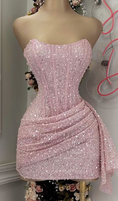 Pink Strapless Sequins Party Dress Mini Homecoming Dress Birthday Outfits     fg6892