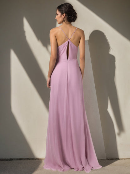 A Line/Princess Spaghetti Straps Sleeveless Floor-Length Bridesmaid Dresses with Split Side