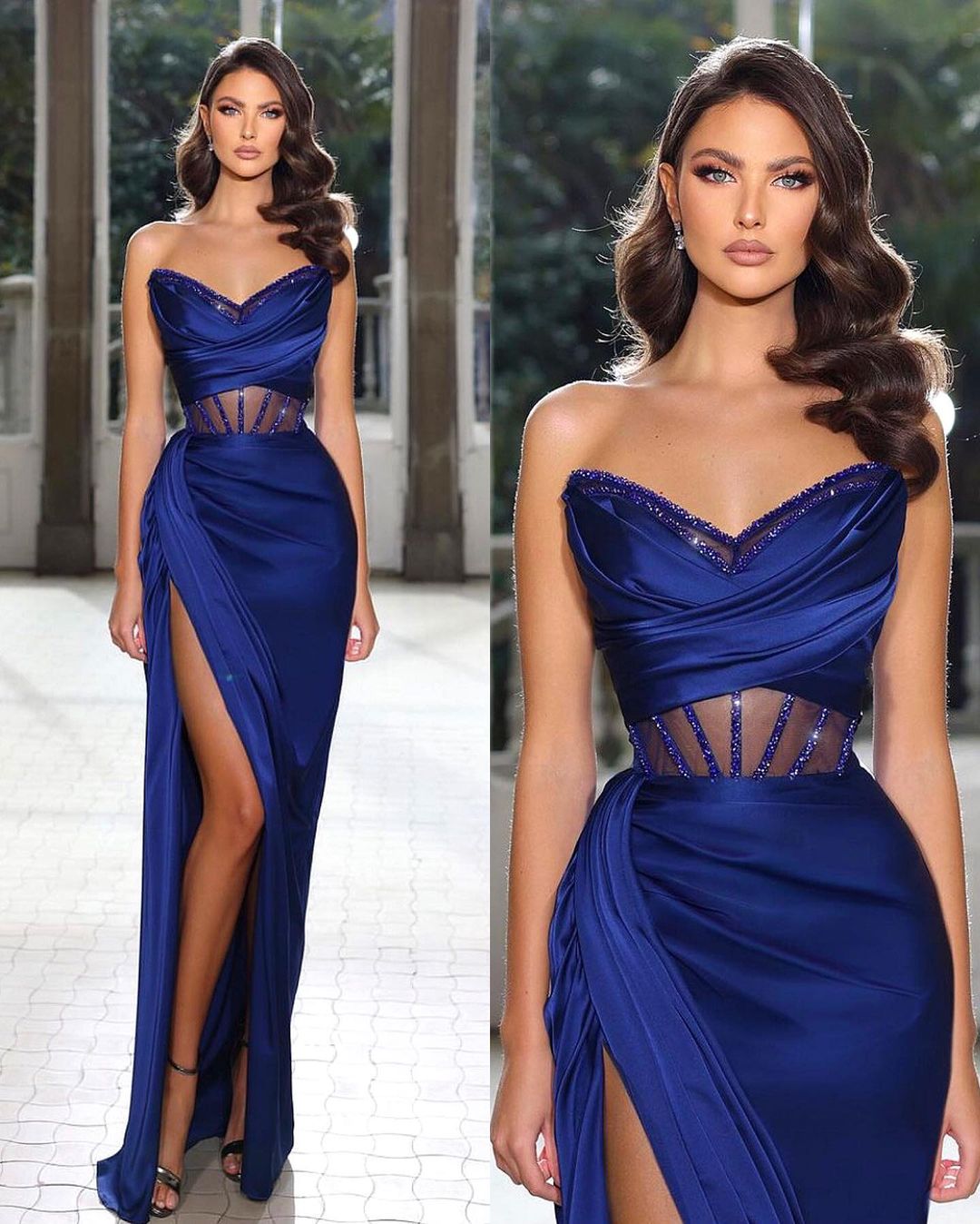 Royal Blue Strapless Satin Butterfly Neckline Prom Dress With High Split ZT0174