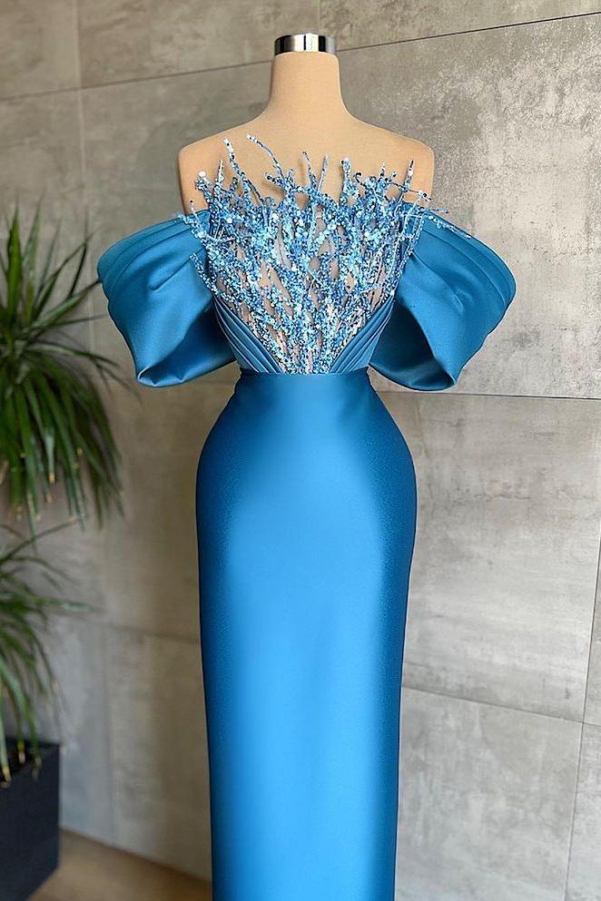 edgynewlook Stunning Blue Off the Shoulder Strapless Pleated Long Prom Dress with Beadings