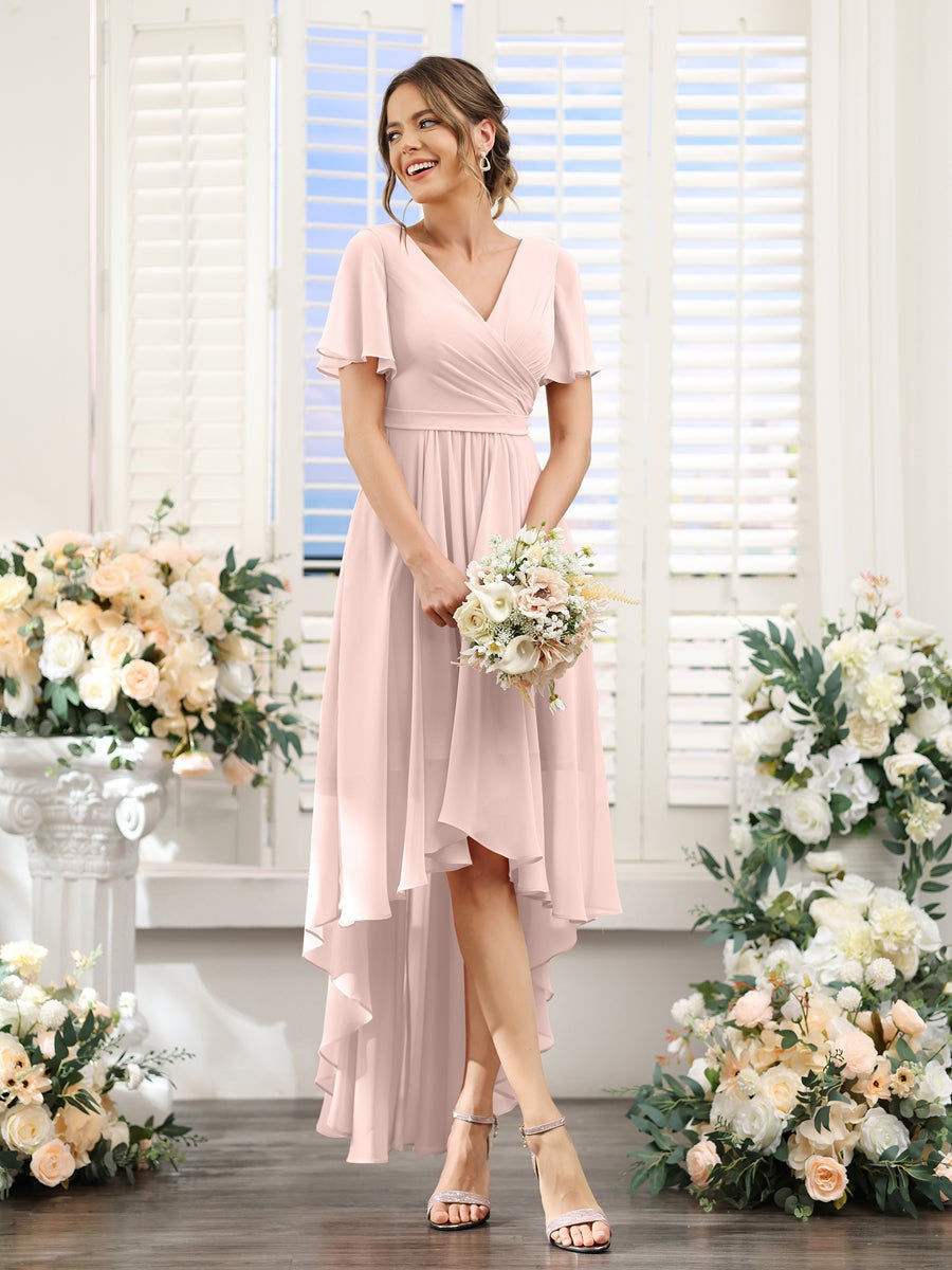 A-Line/Princess V-Neck Short Sleeves Asymmetrical Chiffon Bridesmaid Dresses with Ruched