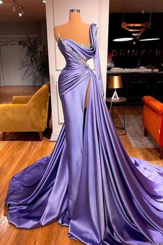 One Shoulder Long Sleeves Mermaid Prom Dress Slit Beadings PD0500