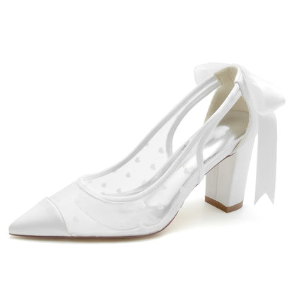 Women's Wedding Shoes Lace Block Pointed Toe Bow Tie Bridal Shoes