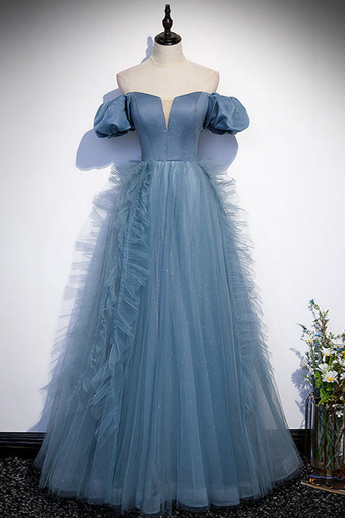 Edgynewlook Gorgeous Dusty Blue Off-The-Shoulder Long Prom Dress Tulle With V-Neck