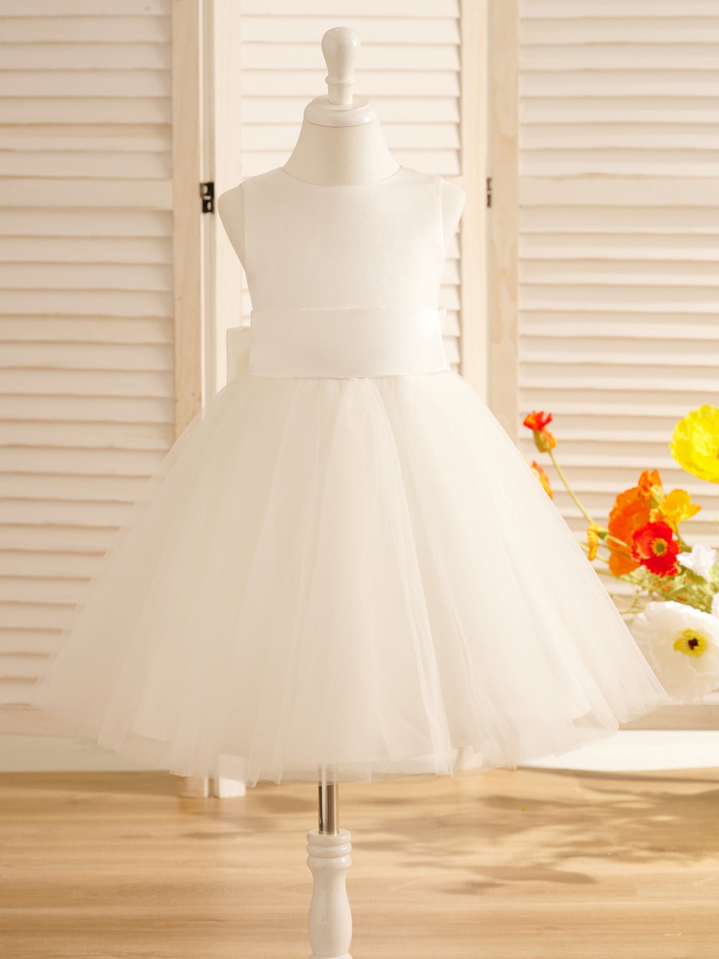 A-Line Satin Tulle Knee-length Flower Girl Dress