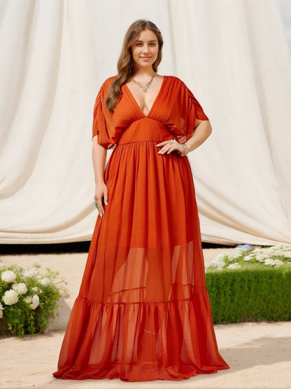 A Line/Princess Deep V-Neck Half Sleeves Floor-Length Plus Size Bridesmaid Dresses with Ruffles