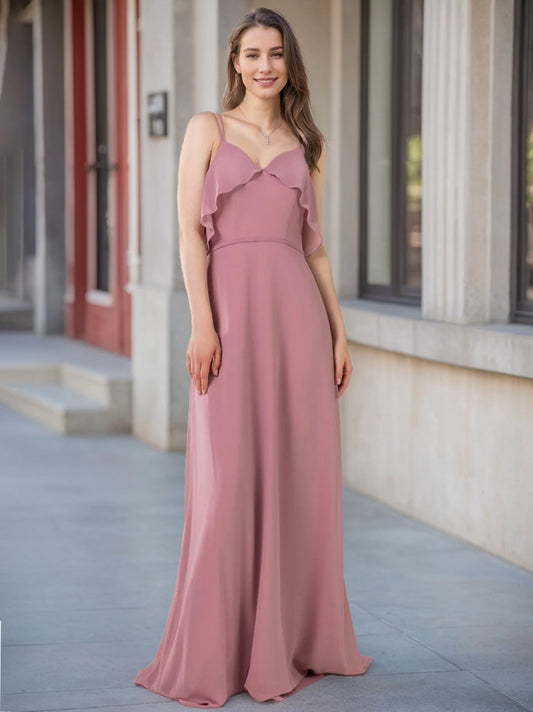 A Line/Princess V-Neck Sleeveless Floor-Length Chiffon Unique Bridesmaid Dresses