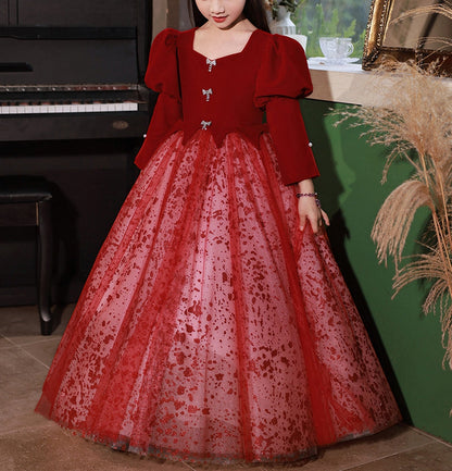 A-Line/Princess V-Neck Long Sleeves Floor Length Girl Red Party Dress