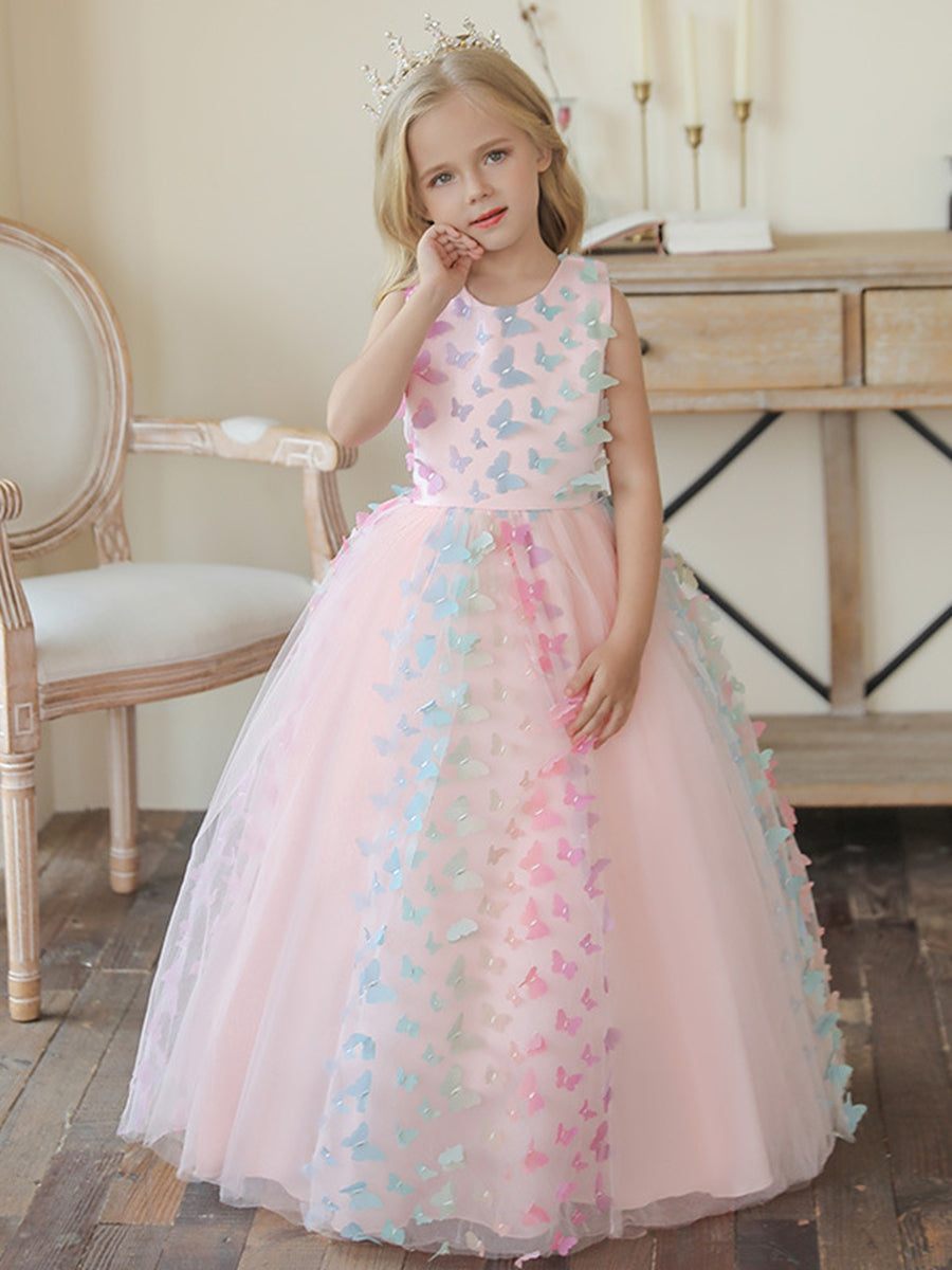 Ball Gown Scoop Neck Sleeveless Floor-Length Flower Girl Dress with 3D Butterfly