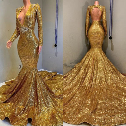 Gold Long Sleeves V-Neck Mermaid Prom Dress With Applique PD0635