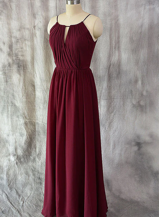 Charming Chiffon Wine Red Round Neckline Party Dress, Beautiful Bridesmaid Dress gh432