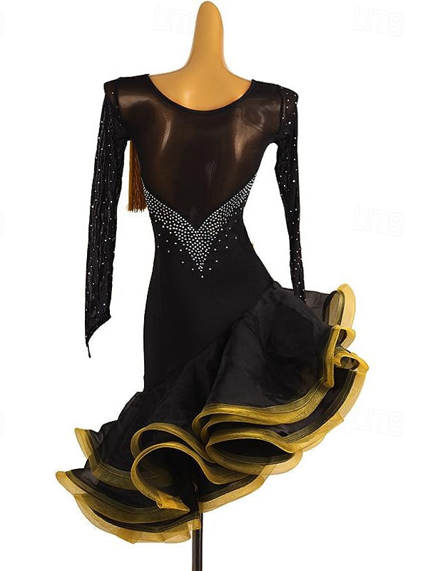 Latin Dance Dress Tassel Crystals/Rhinestones Women's Performance  Long Sleeve Spandex Organza