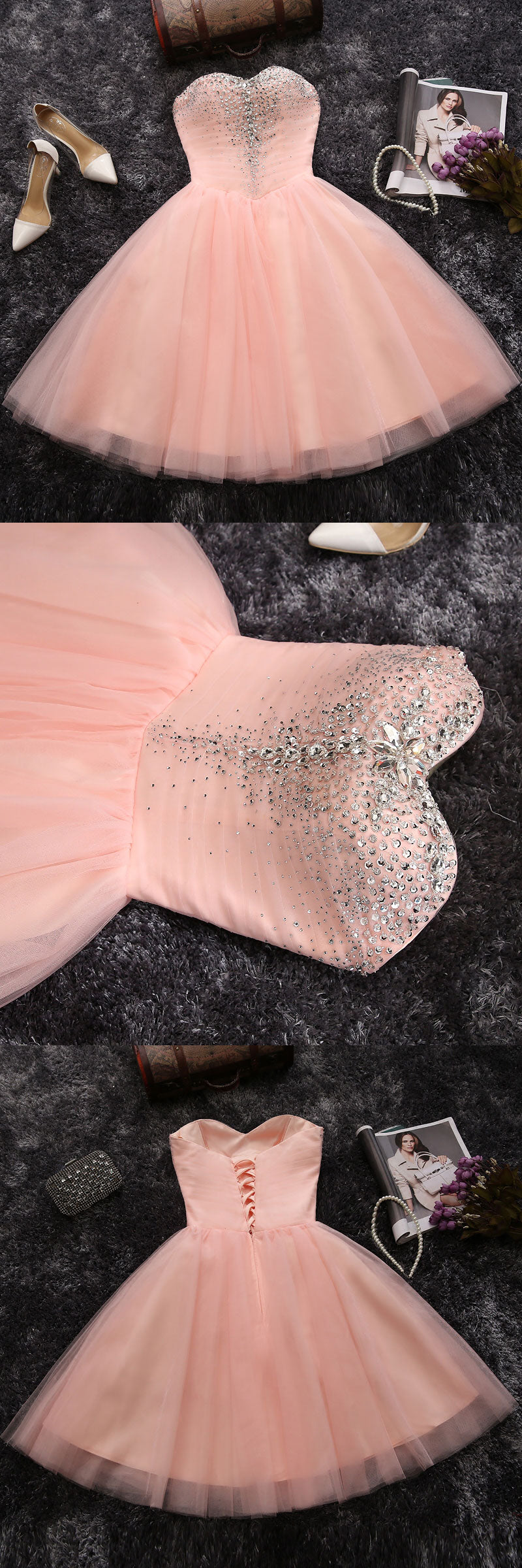 Sweetheart A-line pink strapless short prom dress,homecoming dress  7599