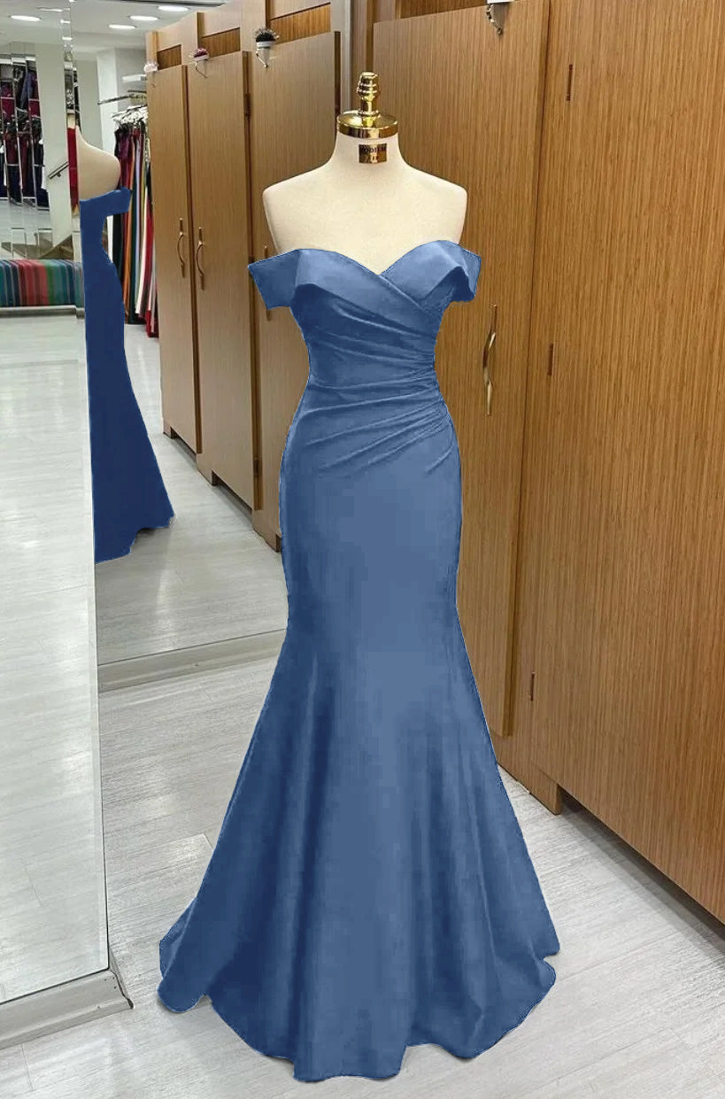 Long Mermaid Prom Dress Navy Blue  Off-the-shoulder Sweetheart Sleeveless YL0305