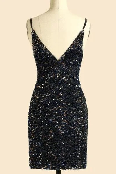 Black Sequins V-Neck Spaghetti Straps Mini Homecoming Dress gh1413