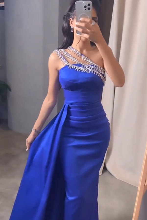 Royal Blue One-Shoulder Beaded Prom Dress With Side Trail ZT0193