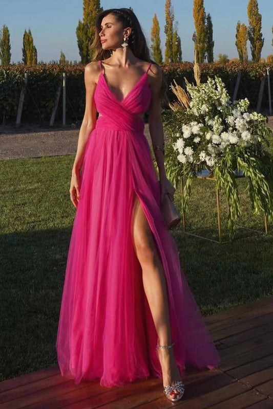 Fuchsia Spaghetti-Straps Tulle Prom Dress A Line With Split ED0135