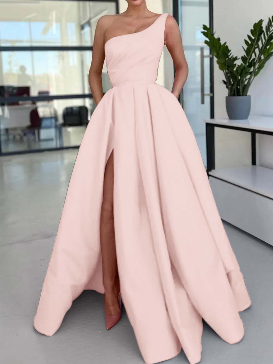 Simple One Shoulder Pink Long Prom Dress High Slit A Line Pleated Formal Dress YH0080