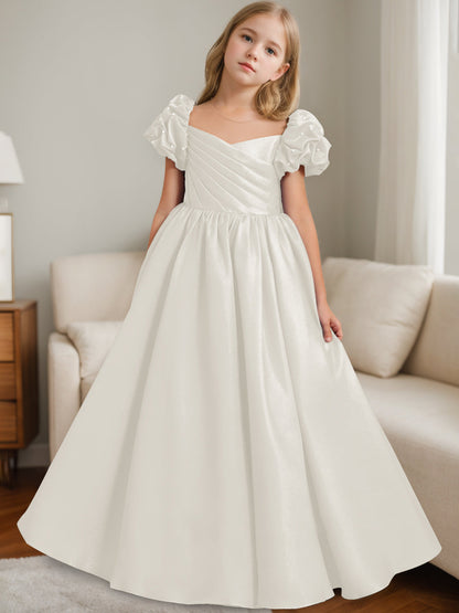 A-Line/Princess Scoop Neck Short Sleeves Floor-Length Flower Girl Dress with Ruffles