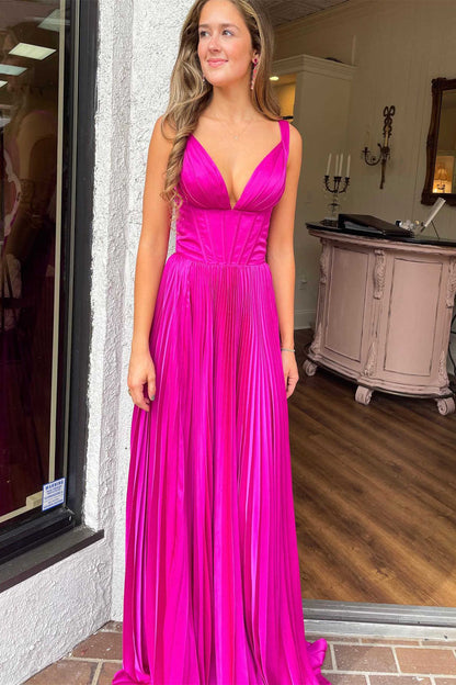 Luella | A-Line V-Neck Fuchsia Pleated Long Prom Dress