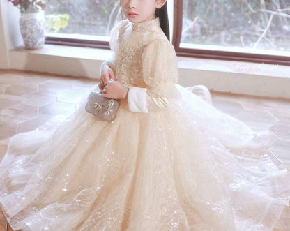 High Neck Long Sleeves Winter Lace Girl Party Dresses with Rhinestone Appliques