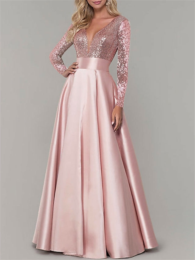 A-Line/Princess V Neck Long Sleeves Floor-Length Evening Dresses