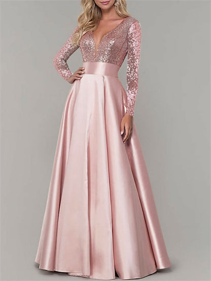 A-Line/Princess V Neck Long Sleeves Floor-Length Evening Dresses