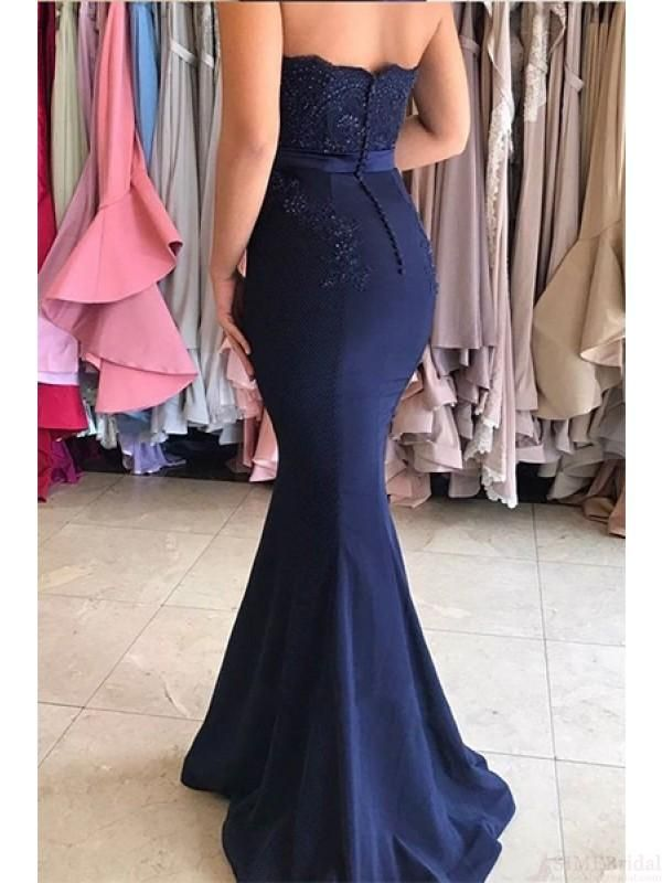 Sweetheart Lace Appliques Mermaid Prom Dress, Navy Long Bridesmaid Dress gh2712