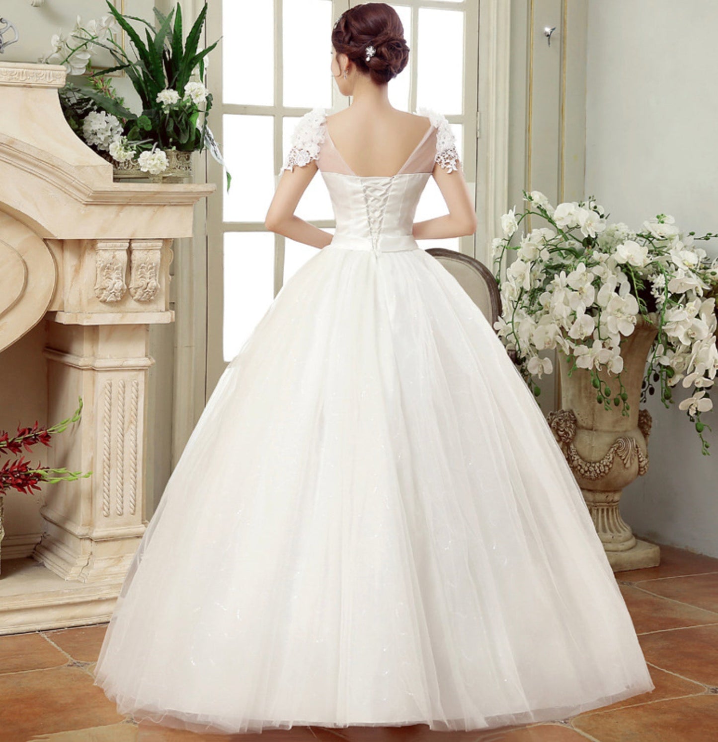 White tulle lace long prom gown wedding dress  10034