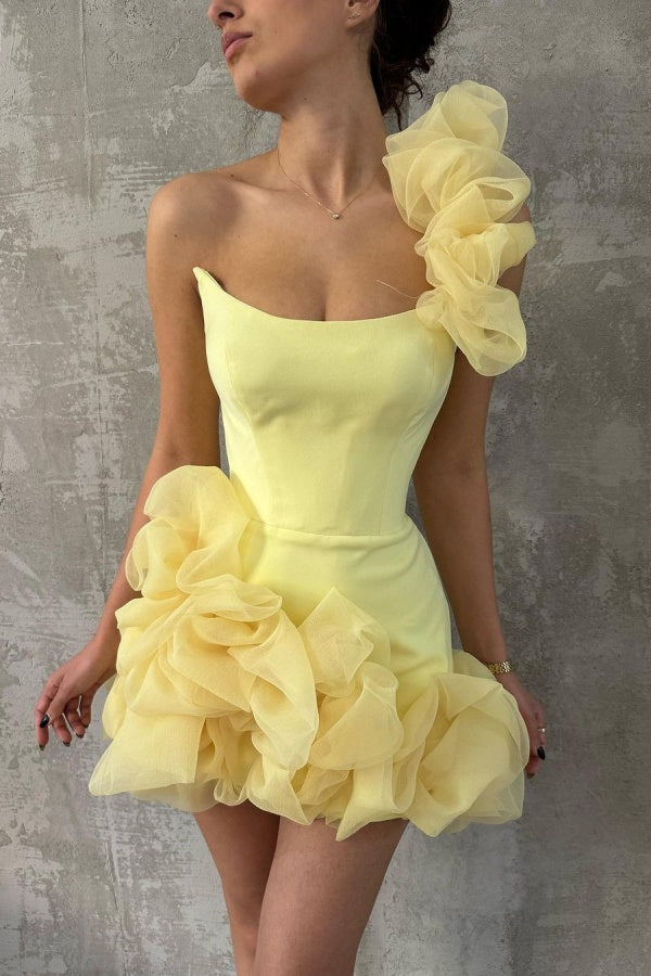 Light Yellow One-Shoulder Short Prom Dress ZT0256