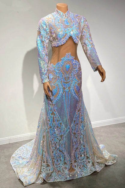 High Neck Long Sleeves Mermaid Prom Dress With Sequins Lace PD0730