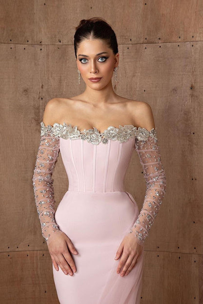 edgynewlook Charming Pink Satin Off the Shoulder Long Sleeves Long Prom Dress with Beadings