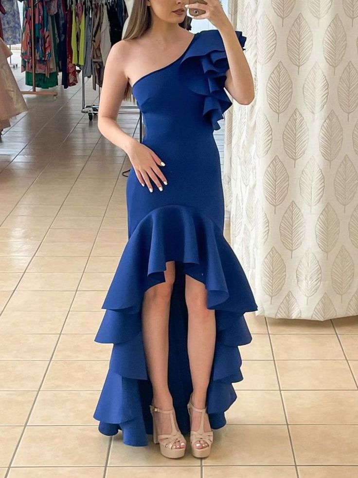 Royal blue satin one shoulder long prom dress blue cocktail dress      fg4684