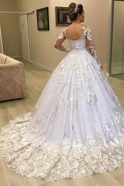 Princess Lace Appliques Ball Gown Long Sleeves Wedding Dresses    fg4672