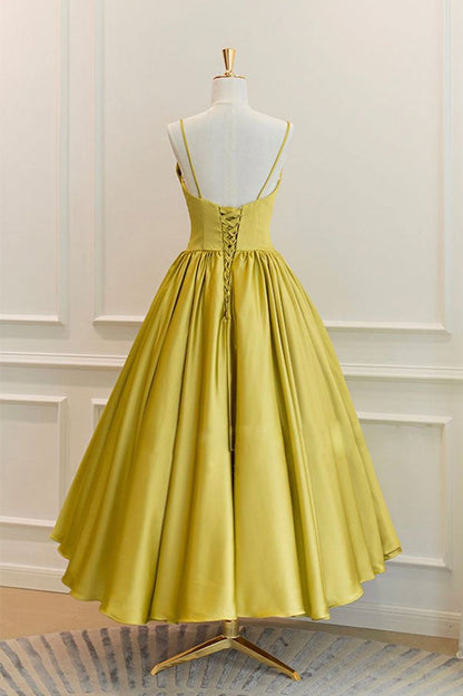 Yellow Satin Short Prom Dresses, Cute A-Line Bow Homecoming Dresses      fg5223