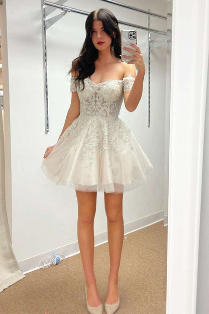 Ivory Lace Off-the-Shoulder A-Line Short Dress Homecoming Dress       fg3400