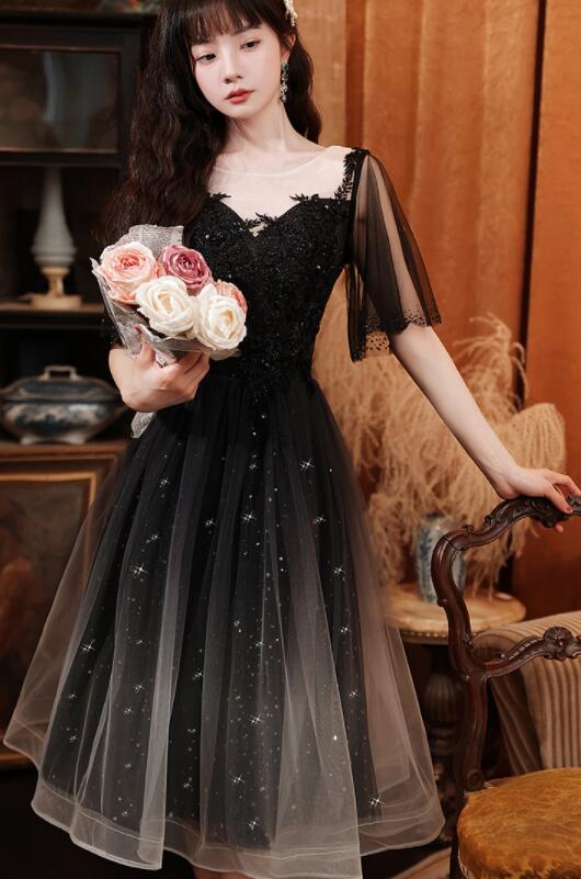 Black Short Sleeves Gradient Tulle And Lace Party Dress, Lovely Black Formal Dresses Bridesmaid Dress      fg3699