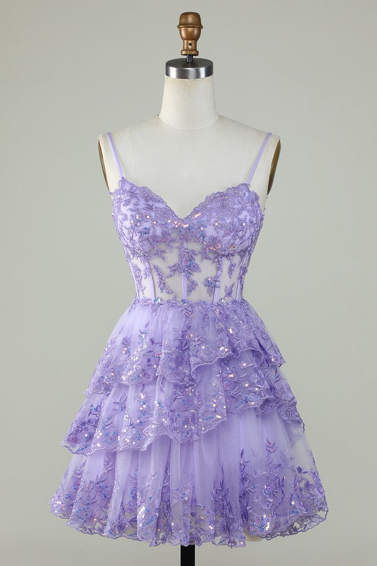 Straps Lavender Sequins Corset Layered Homecoming Dress      fg3729