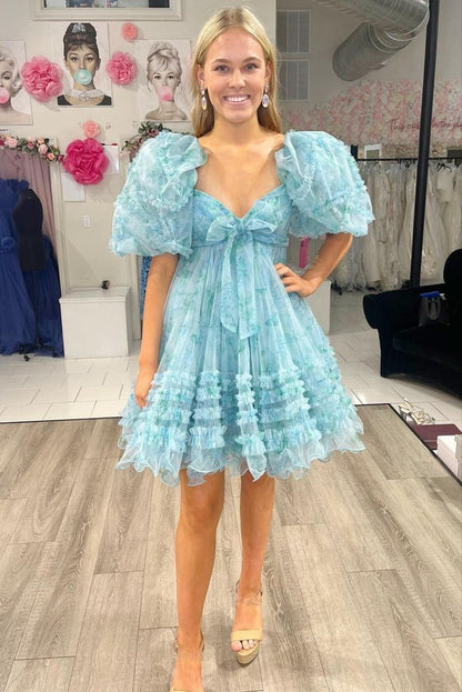 Blue Floral Print Short Baby Doll Homecoming Dress with Balloon Sleeves   fg3590