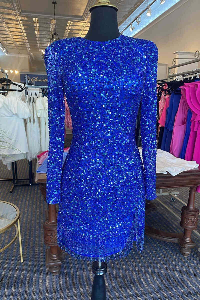 Long Sleeve Bodycon Homecoming Dress with Fringe      fg3577